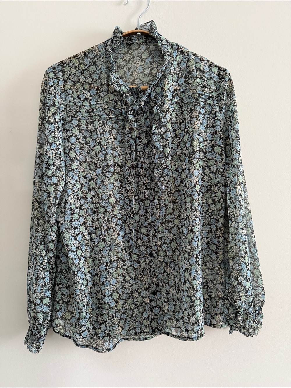 Maje Black Sheer Floral Tie-Neck Blouse with Light Blue and Pale Green Print